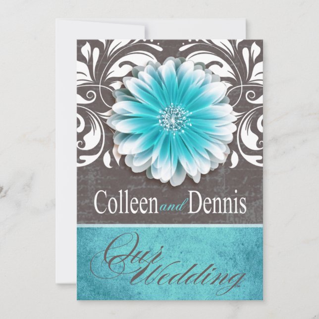 Gerbera Daisy Scroll 1 Wedding teal chalkboard Invitation (Front)