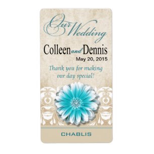 Gerbera Daisy Scroll 1 Wine Label   teal