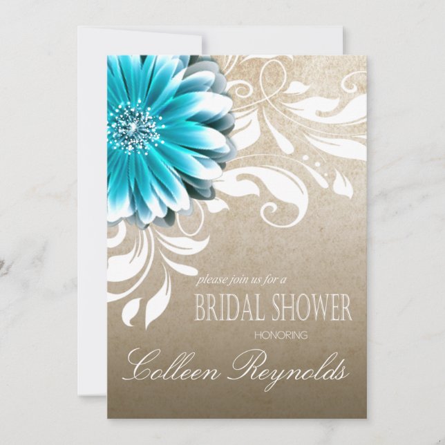 Gerbera Daisy Scroll Bridal Shower teal Invitation (Front)