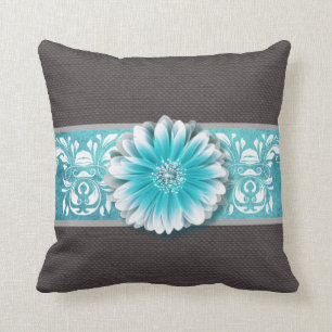 Gerbera Daisy Scroll Burlap 1 teal bandeau Cushion