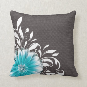 Gerbera Daisy Scroll Burlap 1 teal charcoal Cushion