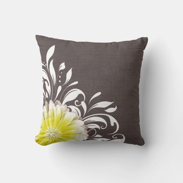 Gerbera Daisy Scroll Burlap 1 yellow charcoal Cushion (Front)