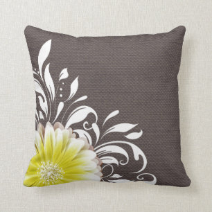 Gerbera Daisy Scroll Burlap 1 yellow charcoal Cushion