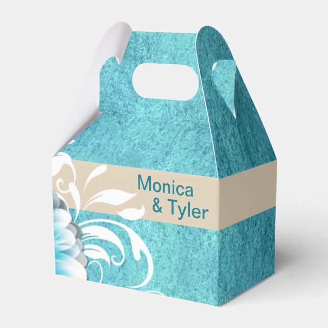 Gerbera Daisy Scroll | teal oatmeal Favour Box (Front Side)