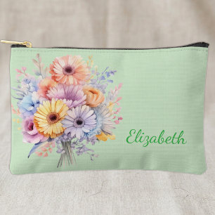 Gerbera flowers add name green accessory pouch