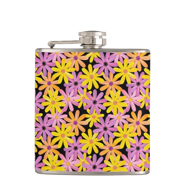 Gerbera flowers pattern, background hip flask (Front)