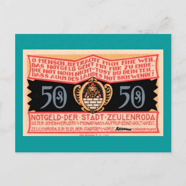 German 1921 "Zeulenroda" 50 Pfennig Note Postcard (Front)