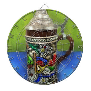 German Beer Stein w/Hinged Lid Blue Green Dartboard