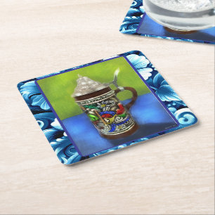 German Beer Stein w/Hinged Lid Blue Green Square Paper Coaster