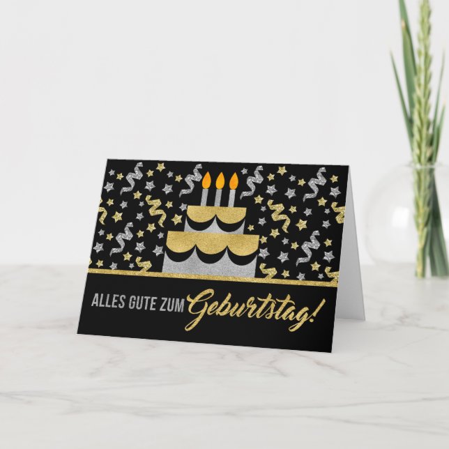GERMAN Birthday in Gold and Silver Faux Glitter Card (Front)