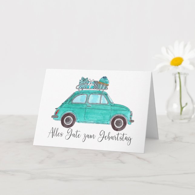 German Birthday Retro Fiat 500 Card (Small Plant)