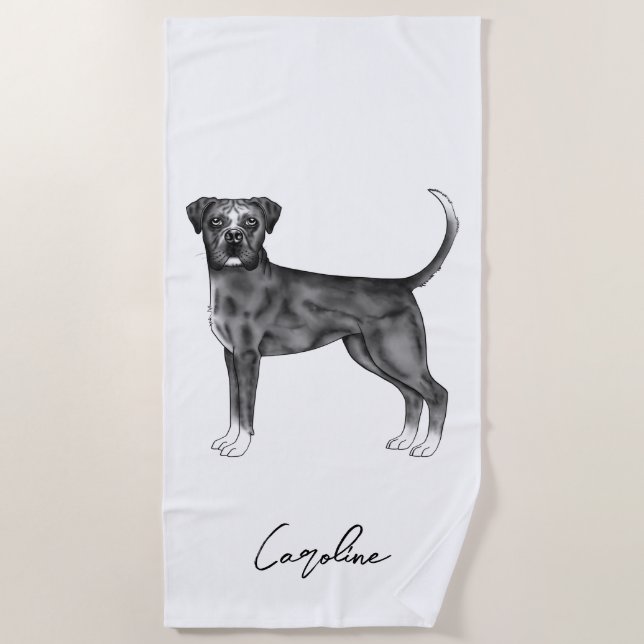 German Boxer Dog In Black And White & Custom Name Beach Towel (Front)