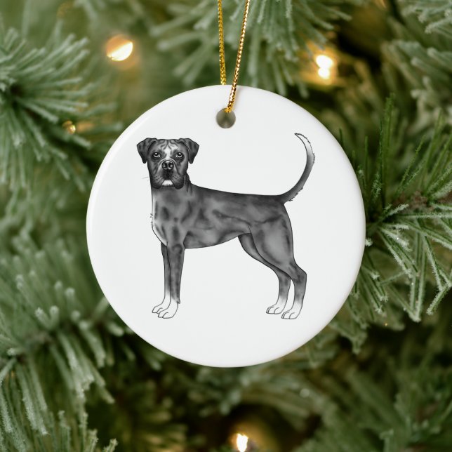 German Boxer Dog In Black And White & Custom Text Ceramic Ornament (Tree)