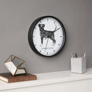 German Boxer Dog In Black And White & Custom Text Clock