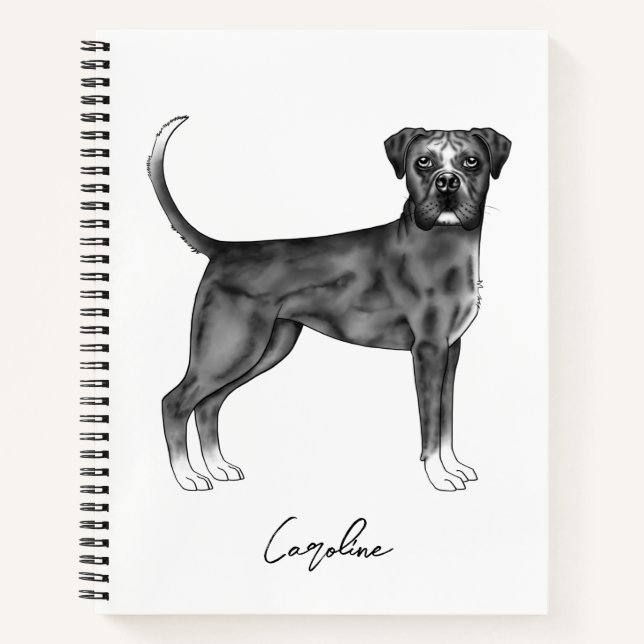 German Boxer Dog In Black And White & Custom Text Notebook (Front)