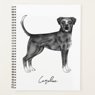German Boxer Dog In Black And White & Custom Text Planner
