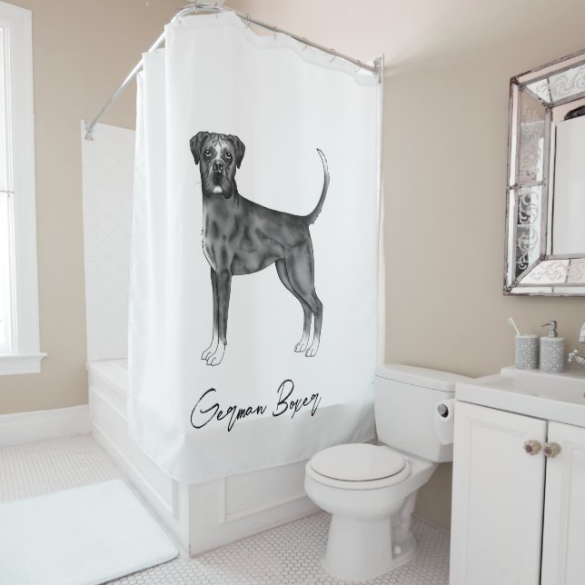 German Boxer Dog In Black And White & Custom Text Shower Curtain (In Situ)