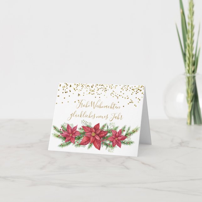 German Christmas, Poinsettia, pine, gold confetti Holiday Card (Front)