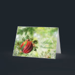 German Christmas red green bauble, holly, pine Holiday Card<br><div class="desc">Red and green bauble with holly and pine branches German Christmas card. Text in front in German says: Merry Christmas. Inside card - text in German too: Merry Christmas and a Happy New Year.</div>