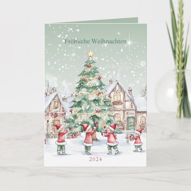 German Christmas Tree Snowy Houses Holiday Card (Front)