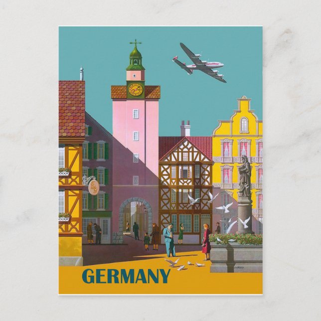 German city, vintage airline poster postcard (Front)