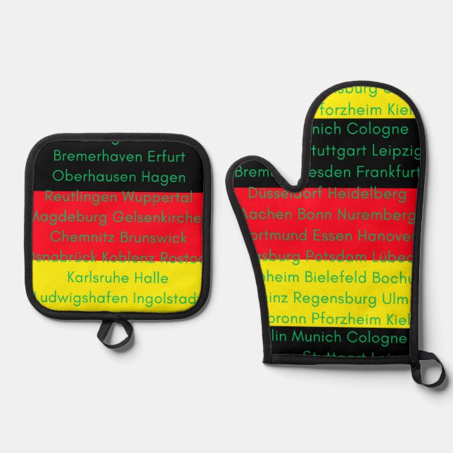 German Flag Colours with Cities Oven Mitt & Pot Holder Set (Front)