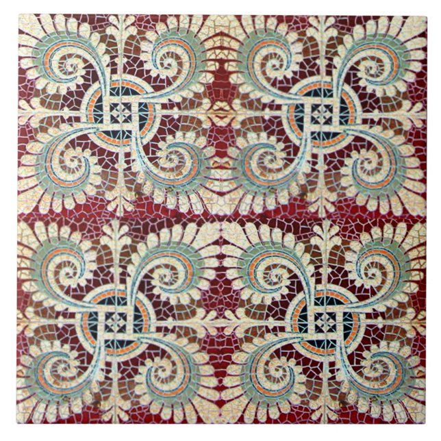 German Floral Maroon Art Nouveau Jugendstil  Ceramic Tile (Front)