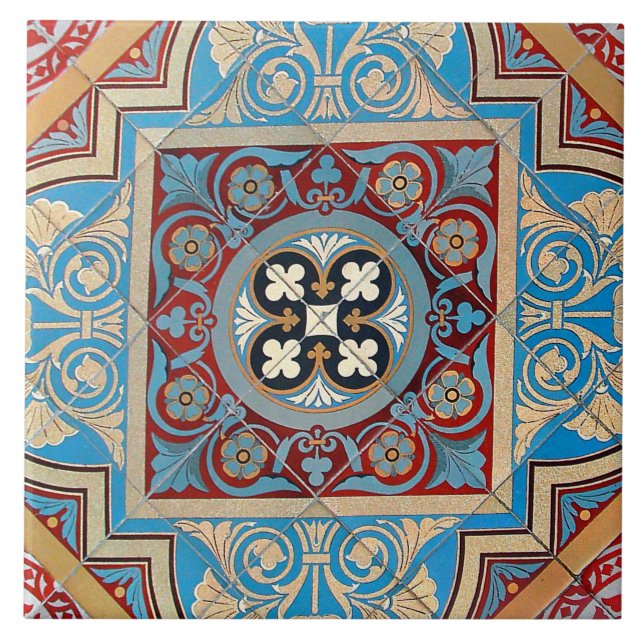 German Geometric Art Nouveau Jugendstil red blue Ceramic Tile (Front)