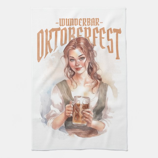  german girl with a beer for Oktoberfest Tea Towel (Vertical)