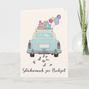 German Glückwunsch Wedding Day Blue Retro Car Card