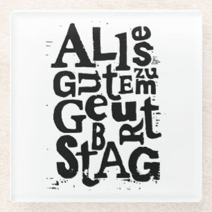 German "Happy Birthday" Lino Print Glass Coaster