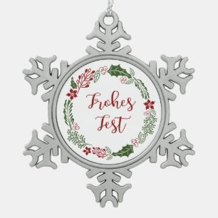 German Happy Holidays Wreath, Frohes Fest Snowflake Pewter Christmas Ornament