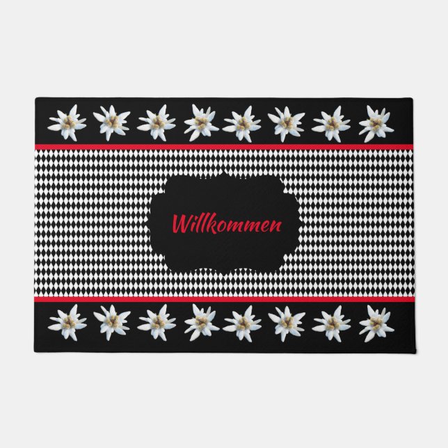 German Inspired Black Checked with Edelweiss  Door Doormat (Front)