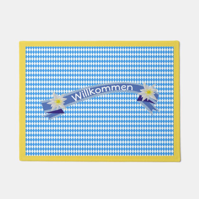German Inspired Blue Checked with Edelweiss Doorma Doormat (Front)