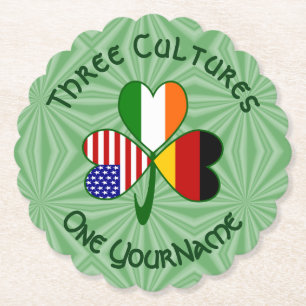 German Irish USA Shamrock Flag Personalised Text  Paper Coaster