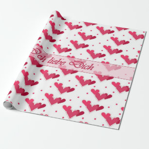German Love Red Hearts Dots on White Wrap Paper