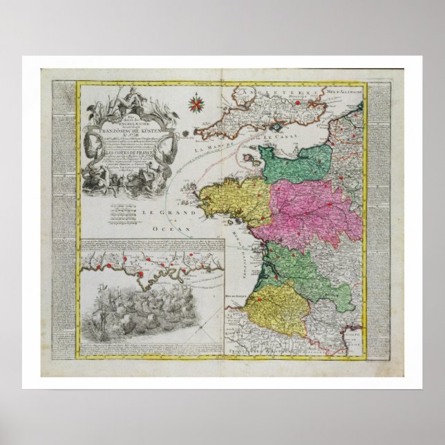 German Map showing English naval attacks on French Poster (Front)