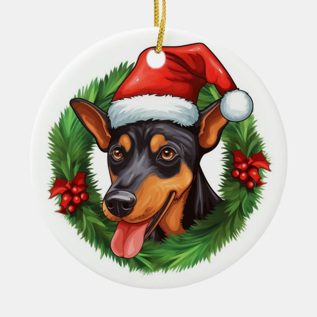 German Pinscher Christmas Wreath Ceramic Ornament (Front)