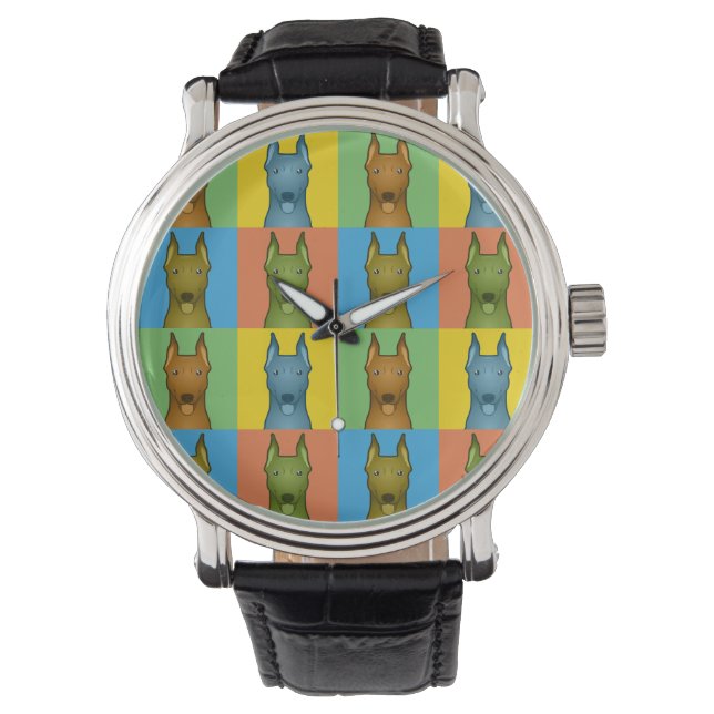 German Pinscher Dog Cartoon Pop-Art Watch (Front)