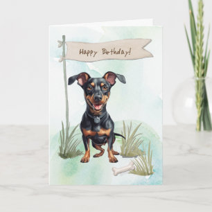 German Pinscher Dog Outdoors Under Birthday Sign Card
