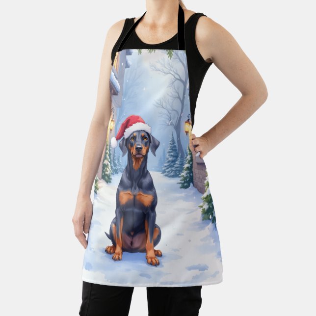 German Pinscher Snowy Courtyard Santa Hat Apron (Insitu)