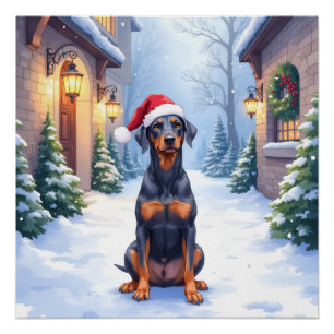German Pinscher Snowy Courtyard Santa Hat Poster