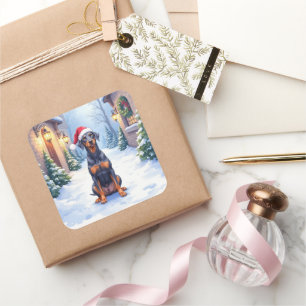 German Pinscher Snowy Courtyard Santa Hat Square Sticker