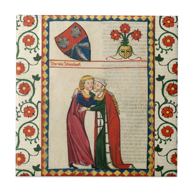 GERMAN POET,HIS BEAUTIFUL LADY,MEDIEVAL MINIATURE CERAMIC TILE (Front)