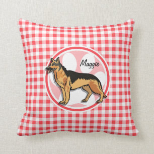German Shepard; Red and White Gingham Cushion
