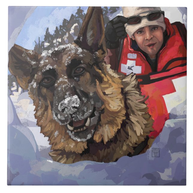 German Shepard Search and Rescue in the Snow Ceramic Tile (Front)