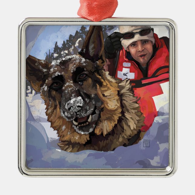 German Shepard Search and Rescue in the Snow Metal Ornament (Front)