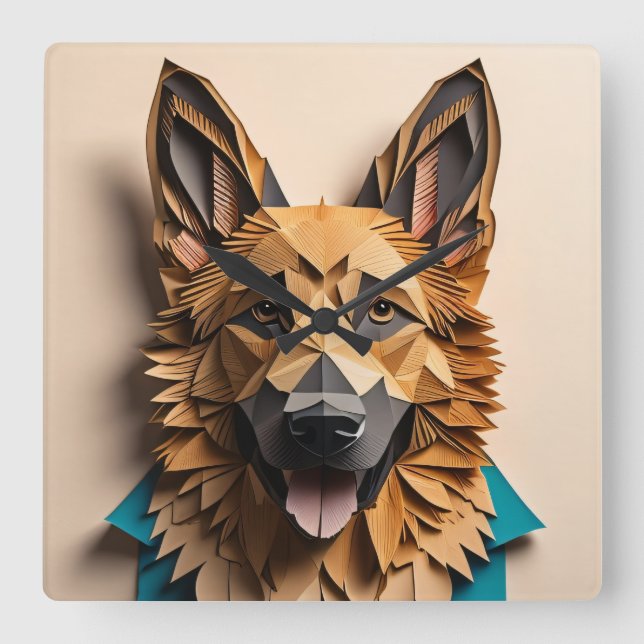 German Shepherd 3D Paper Art Design T-shirt  Square Wall Clock (Front)