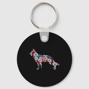 German Shepherd 4th Of July Flower American Flag P Key Ring