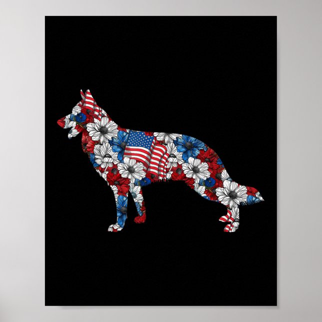 German Shepherd 4th Of July Flower American Flag P Poster (Front)